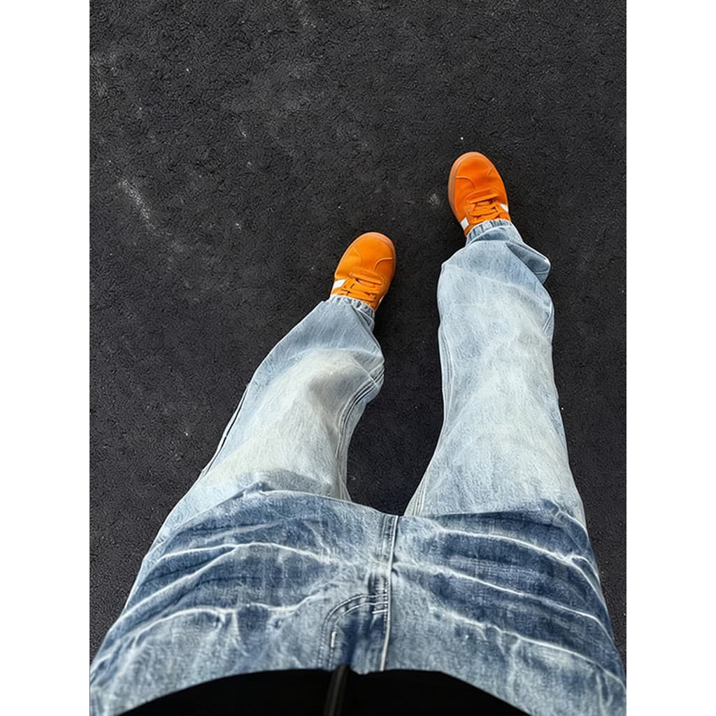 Cleanfit azul claro relâmpago padrão Jeans masculino americano High Street vibe calças lavadas ligeiramente aba cimitarr