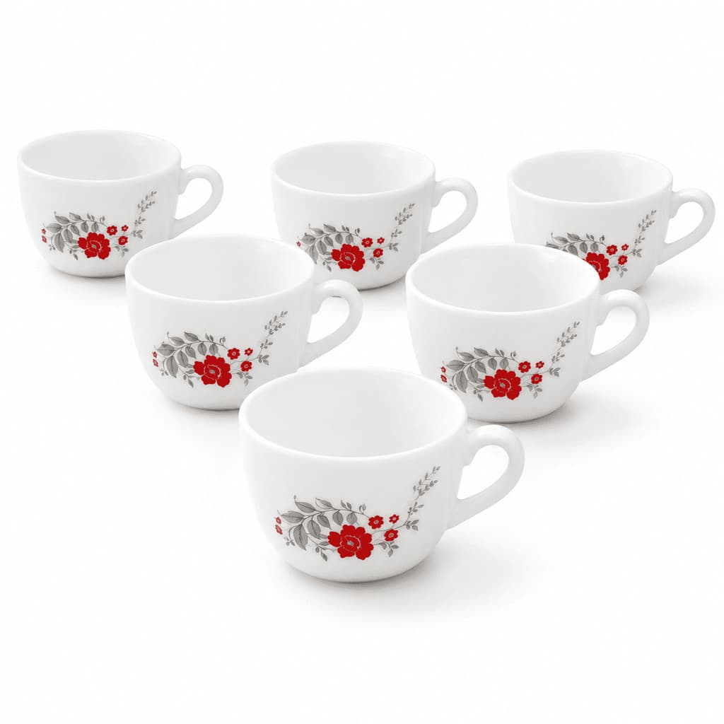 Conjunto 6 Xícaras Scarlet Bliss 130ml Branca Floral Vidro Opalino Para Café Chá Cappuccino Mesa Posta