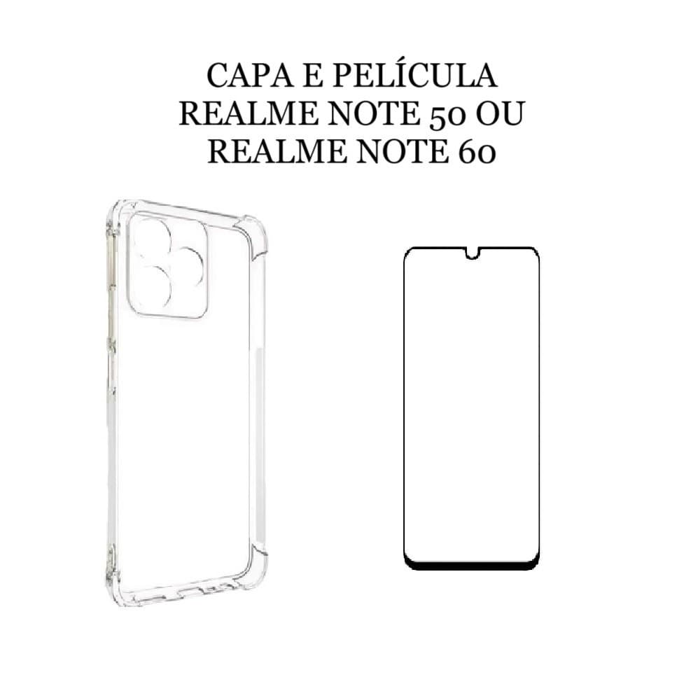 Capa Anti Shock Transparente e película 3D vidro para Realme Note 50 ou Realme Note 60