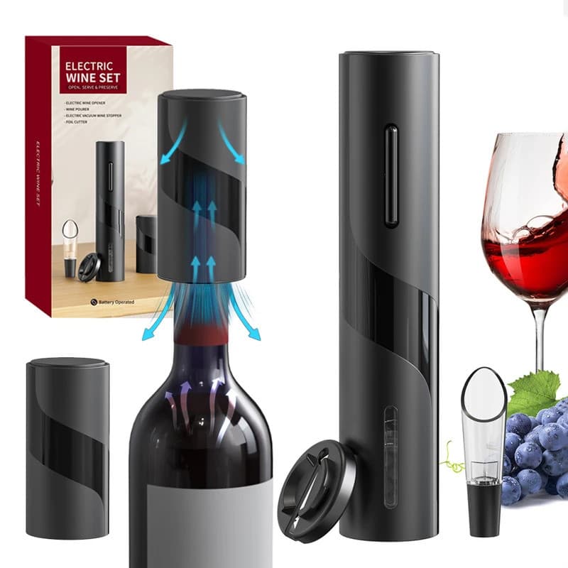 Conjunto de Abridor de Vinho Elétrico com Botão de Um Toque, Saca-rolhas Automático a Pilhas com Tampa de Vinho Elétrica