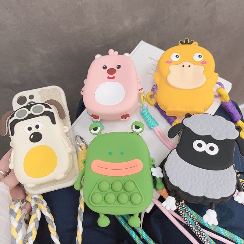T Trendy Cartoon Palm Dog Coin Purse Clipe traseiro para celular Diagonal Corrente para celular Corda trançada pode pend