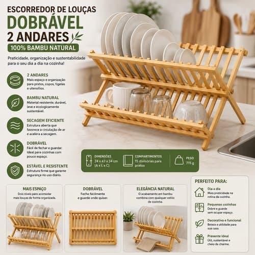 Escorredor Louças Bambu Dobrável Duas Camadas Economia Espaço Organização