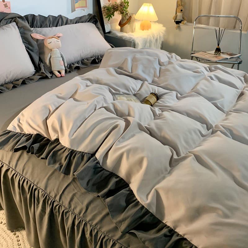 Versão coreana ins saia de cama estilo princesa folha de lótus renda algodão lavado conjunto de quatro peças Retro nicho
