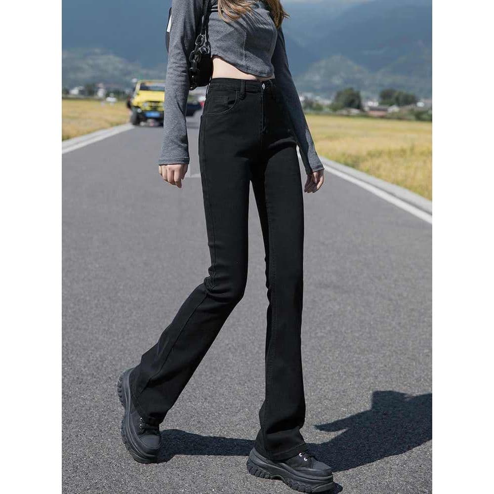 Preto cintura alta ferradura Jeans feminino outono inverno 2024 novo estilo pequeno mais magro olhar estiramento forro d