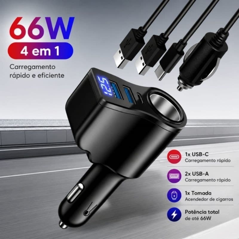 Carregador Veicular 66W 4 Portas USB-C USB-A Tomada Acendedor Display LED Proteção Total