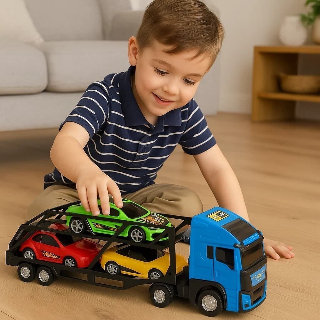 Caminhão Cegonha Grande 3 Carrinhos Infantil Transporte Brinquedo Menino Criança Presente