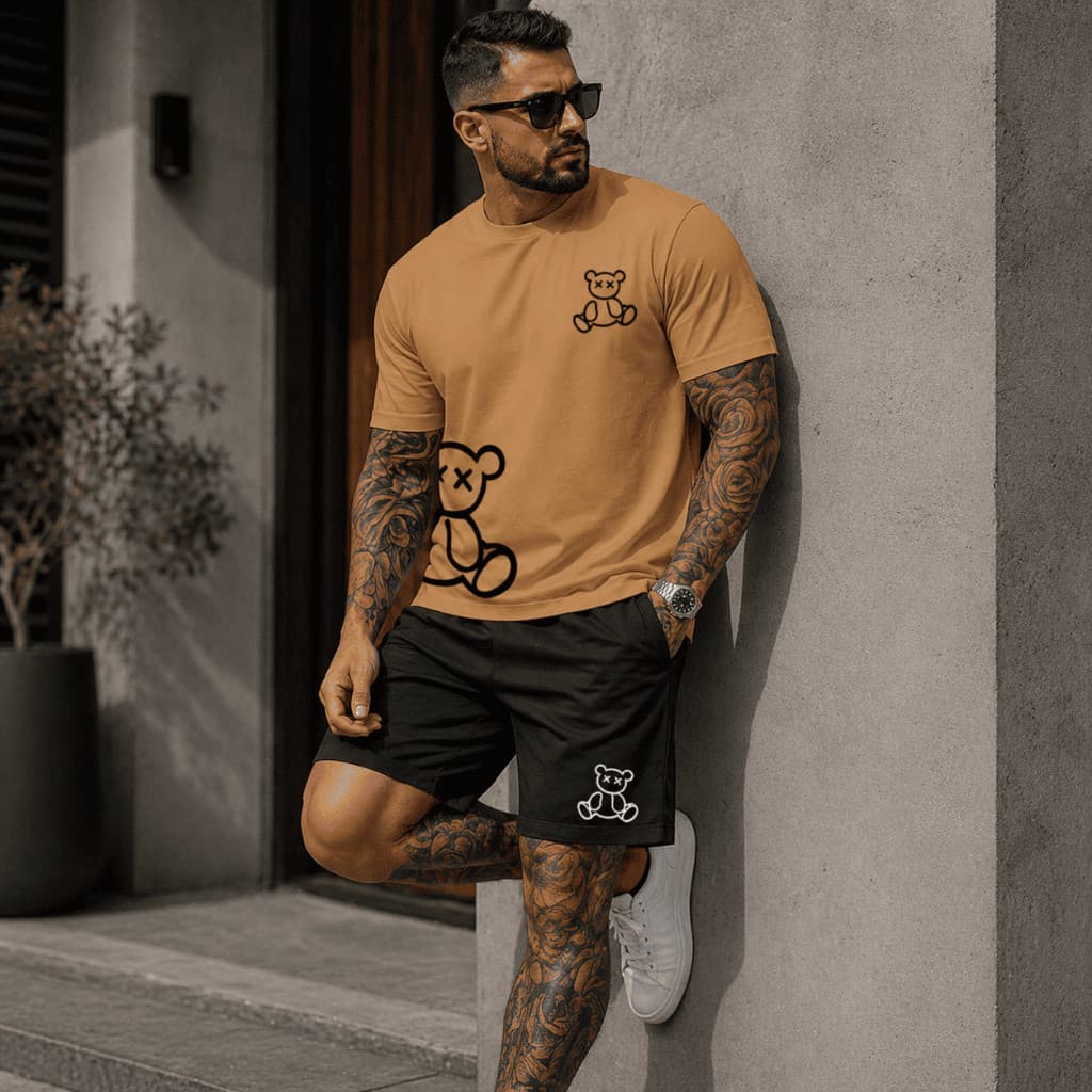 Kit Camiseta e Short Streetwear Conjunto Urso Contorno Camisa de Algodão 26.1