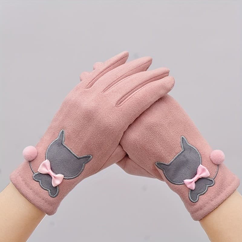 Um Par de Luvas Femininas Quentes de Inverno Forradas com Design Moderno de Gatinho, Compatíveis com Tela Sensível ao To