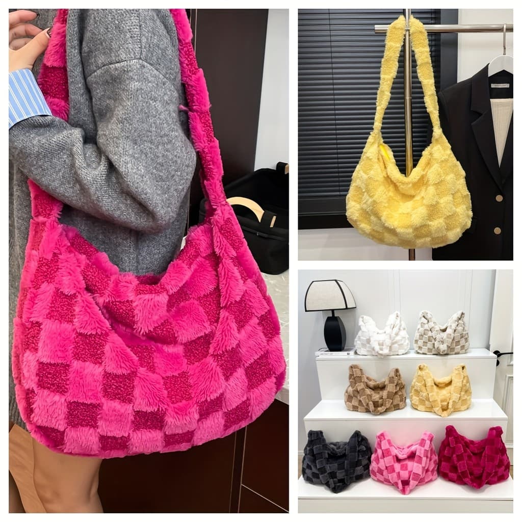 Bolsa de Ombro Feminina de Pelúcia com Estampa Xadrez, Elegante e Macia. Bolsa Transversal Versátil de Grande Capacidade