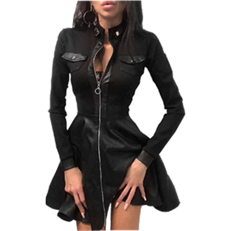 Vestido Feminino de Moda Outono/Inverno 2026 em Couro PU com Detalhes em Patchwork e Cintura Marcada