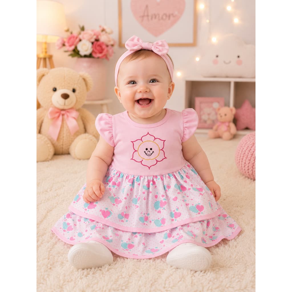 Vestido Infantil Bebê Menina com Bordado de Sol Delicado Roupa Charmosa 0 a 6 Meses