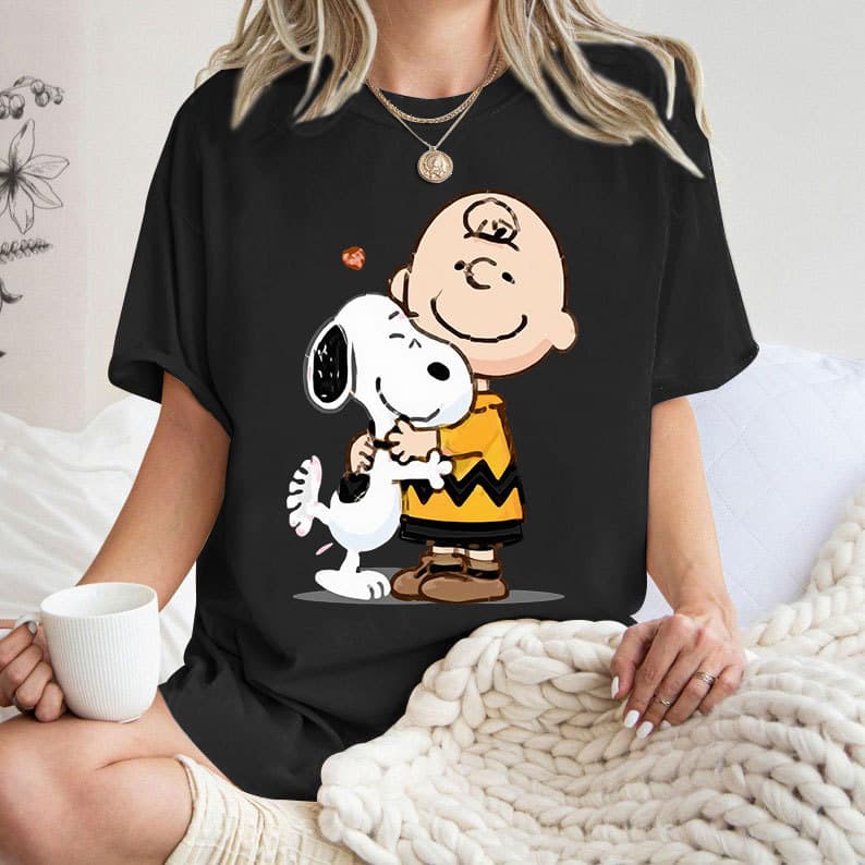 [Camiseta Premium em Algodão Puro]LA T - Shirt Feminino Curto Snoopy Cartoon Infantil Casual Bege