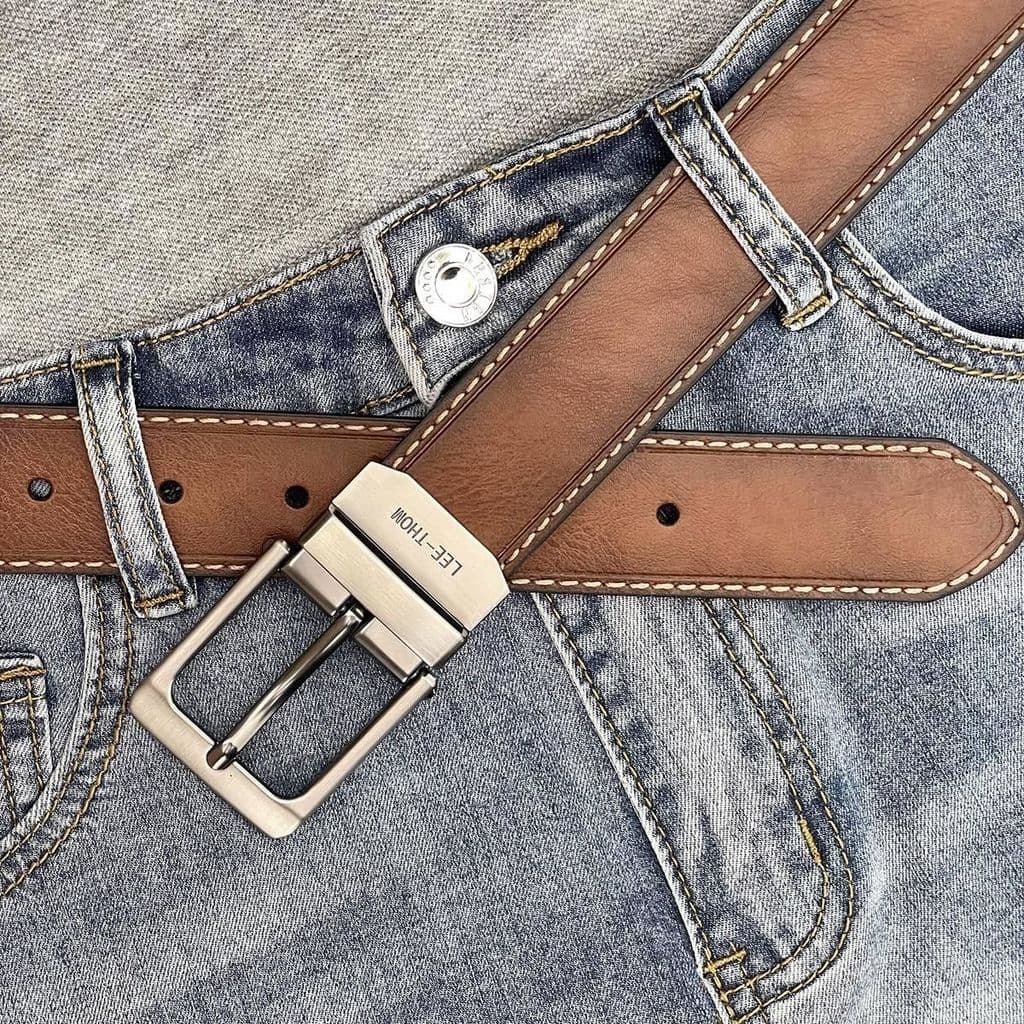 LEE-THOM Cinto Masculino De Couro Genuíno Na Moda Jovens Casual Pin Fivela All-Match Jeans Cinto Dupla Face Conjunto De