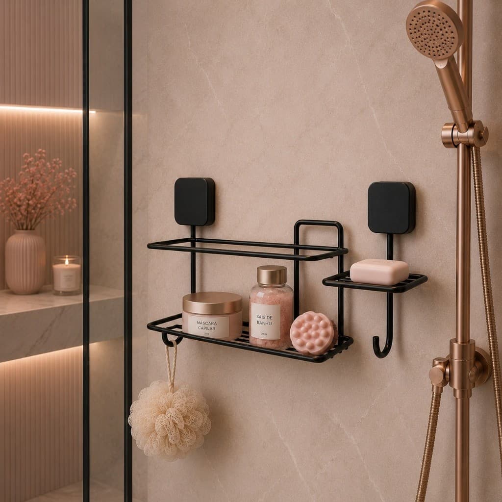 Porta Shampoo Banheiro Preto Sem Furo Suporte Organizador de Parede com Saboneteir