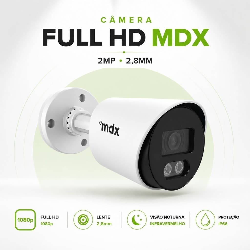 Câmera de Segurança Externa Bullet MDX Full HD 2MP Visão Noturna IR 20m 4 em 1 Compatível com DVR