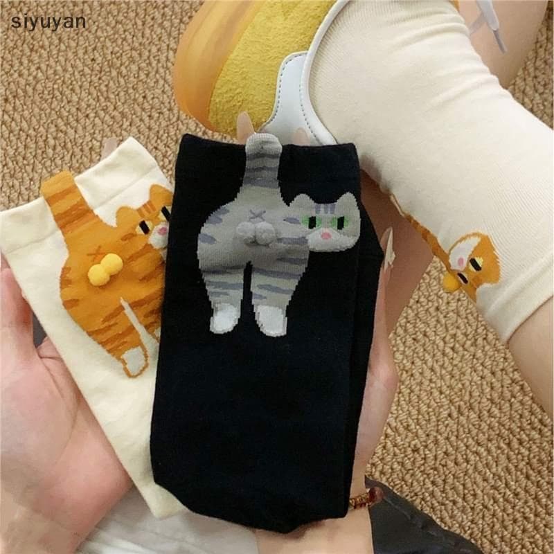 Meias De Malha De Algodão Com Estampa De Bunda De Gato Fofo Mulheres Meninas Kawaii Lolita Tubo Médio