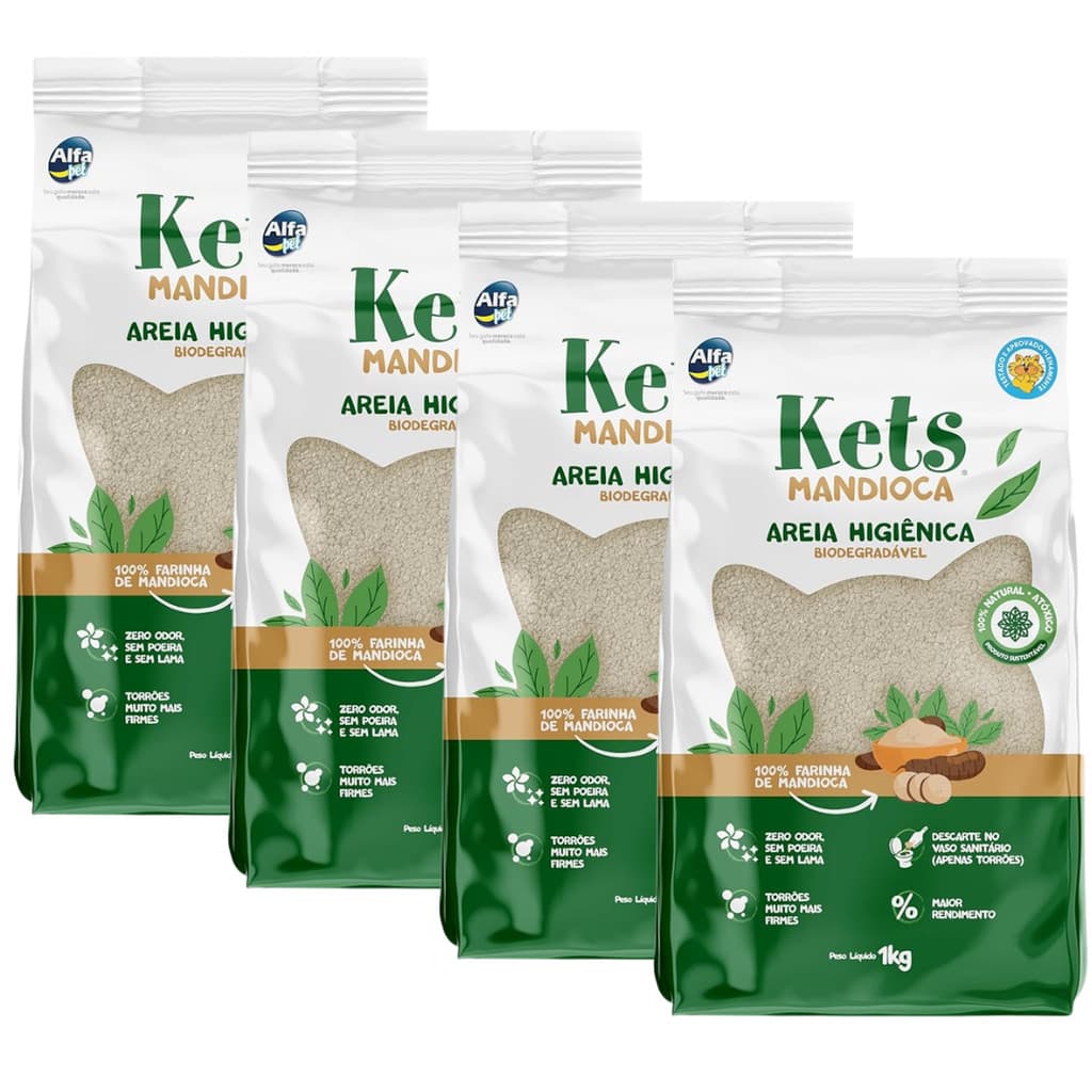 KIT 4x Areia Higiênica Kets Mandioca Biodegradável  Para Gatos 1 kg