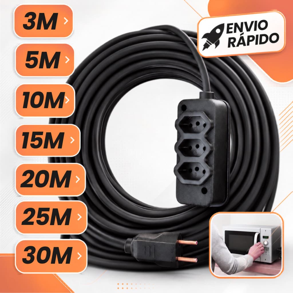 Extensão Elétrica CABO PP 2x2.5mm 20A/10A Resistente 3/ 5/15/20/25/30 (METROS)