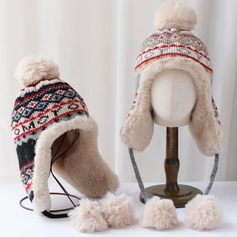 Outono Inverno Sherpa Peru Chapéu Proteção De Ouvido Quente Tricô Bola De Pelúcia Neve Esqui Boné Caça Balaclava Chapéus