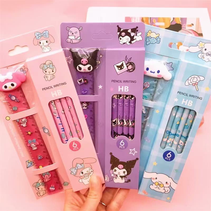 7 lápis de madeira Sanrio HB com régua, com designs de Cinnamoroll, Melody e Kuromi, adequados para material escolar de
