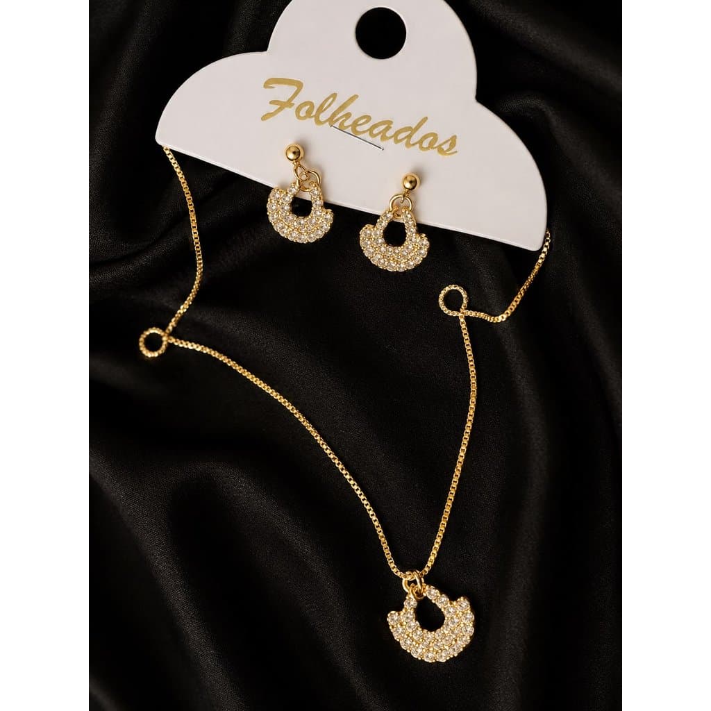 ✨ Conjunto Luna Premium Dourado | Colar + Brincos Cravejados com Zircônias | Elegante | Lary Store