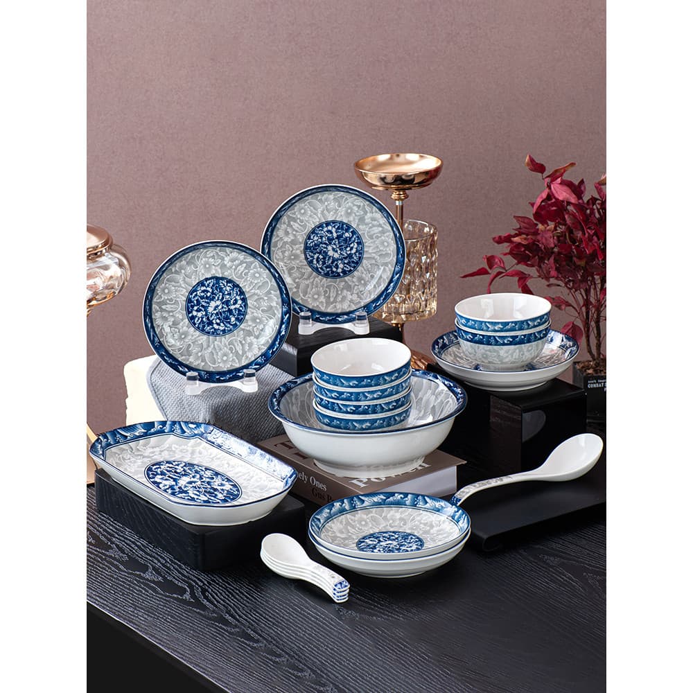Casa chinesa 4/10 pessoas High-End azul branco pratos conjunto de combinação de talheres pratos prato tigela de macarrão