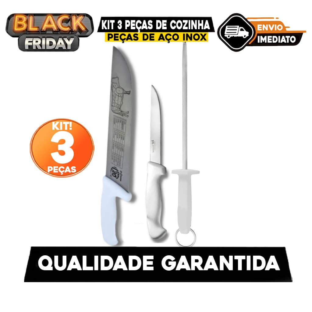 Kit 03 Utensilhos Faca Açougueiro/Chaira/Faca do Chef Profissional Lâmina Aço