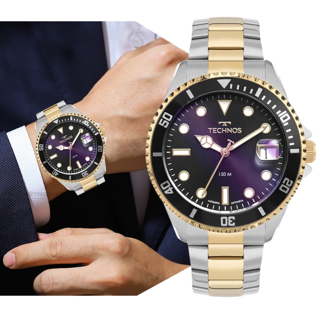 Relógio Technos Acqua Prata Dourado Masculino 2415dx/1p Correia Prata Com Dourado Fundo Preto