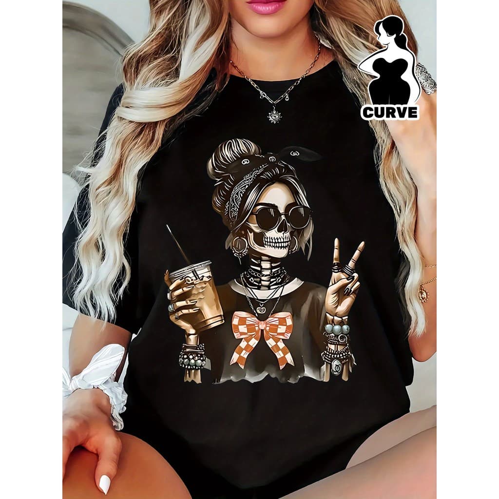 Camiseta Premium Feminina Plus Size Estampa Caveira Estilosa, Manga Curta - Unissex Oversized 100% Algodão