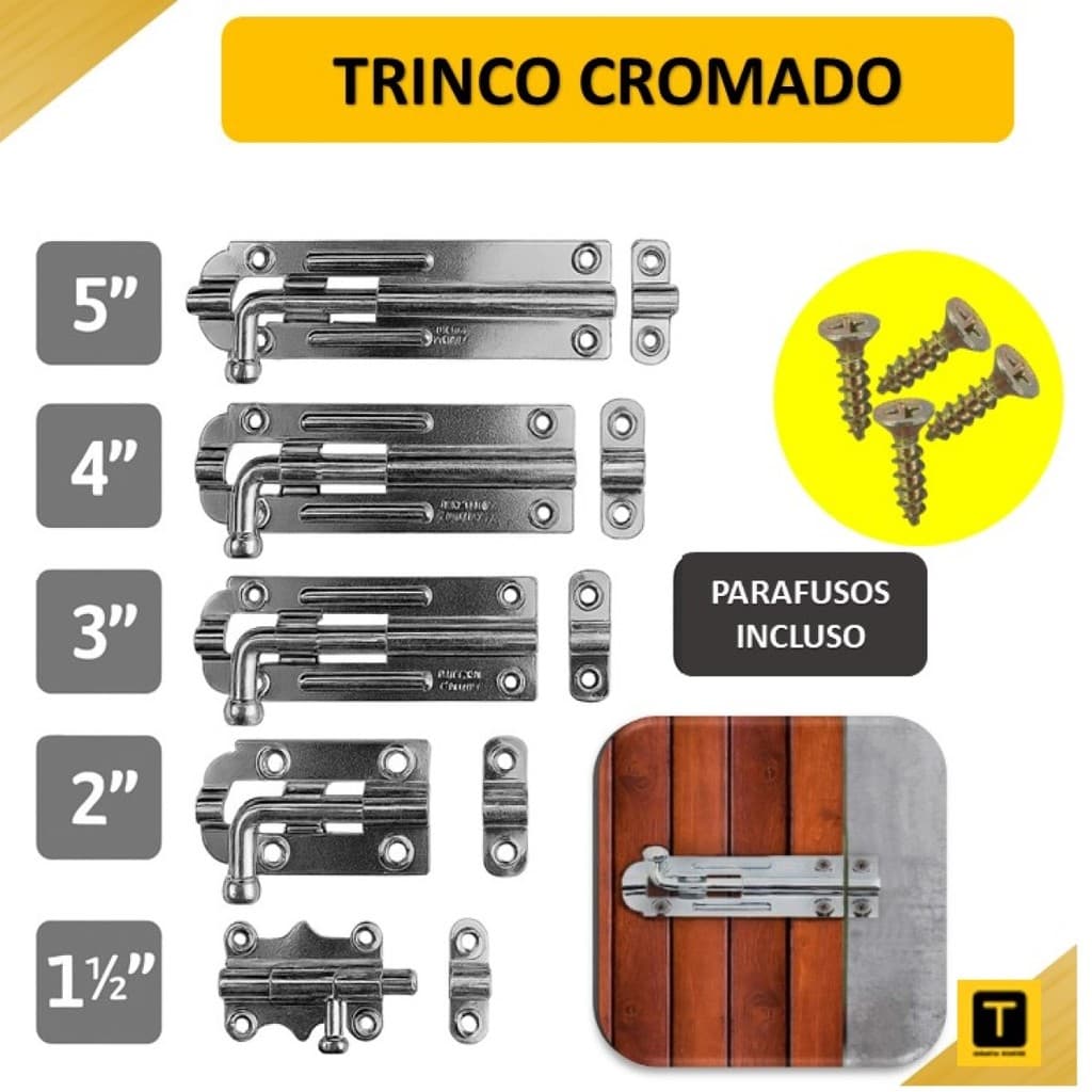 Trinco Ferrolho Cromado com Parafusos – Porta Portão Janela Diversos Tamanhos
