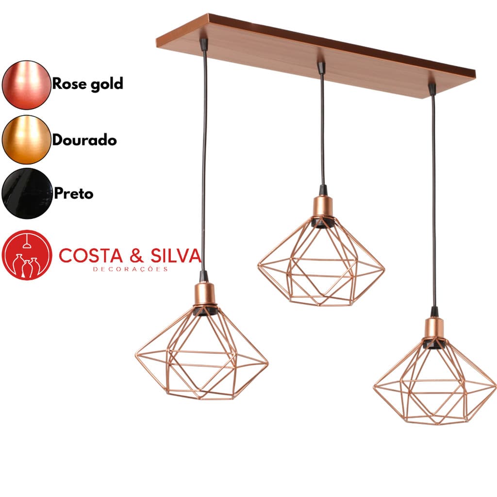 3 Pendente Diamante Aramado Triplo Luminária Canopla Única Lustre de Teto