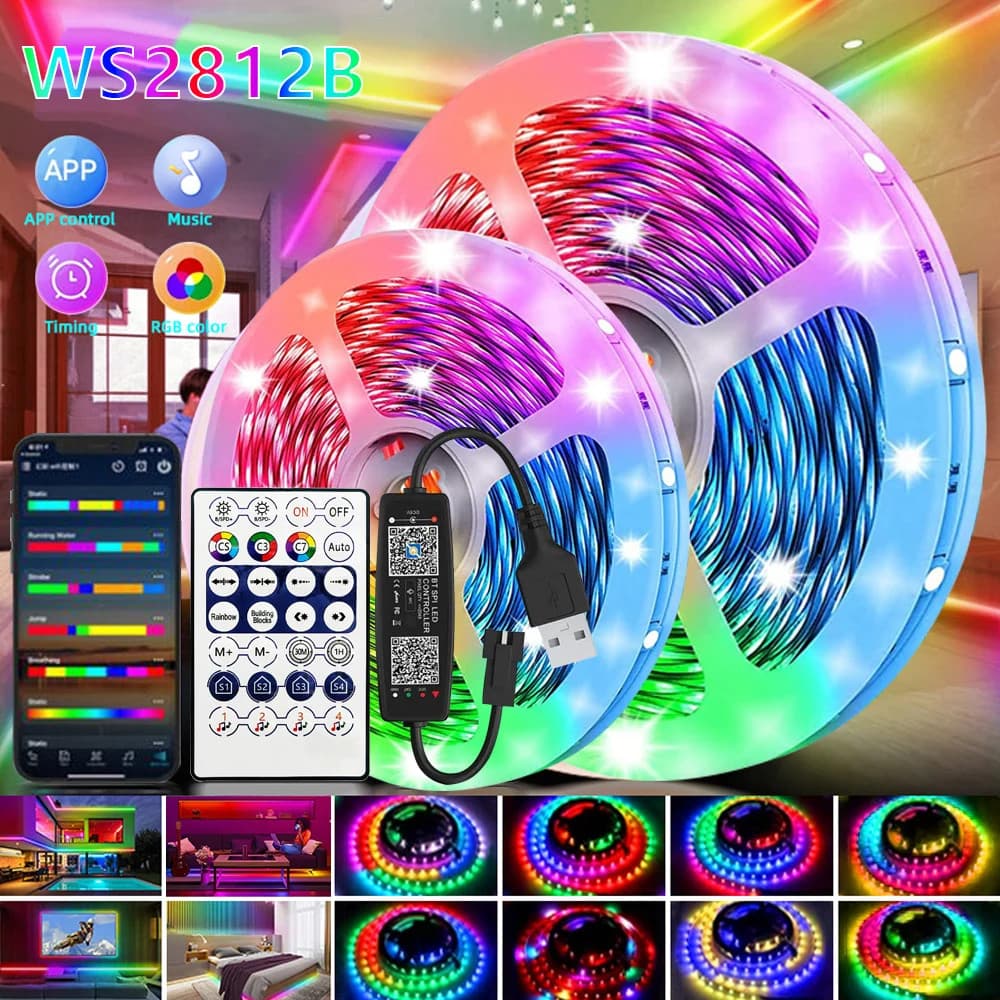 Tira LED RGBIC 5050 WS2812b RGB Bluetooth App Controle Perseguindo Efeito Luzes Fita Flexível Diodo TV BackLight Quarto
