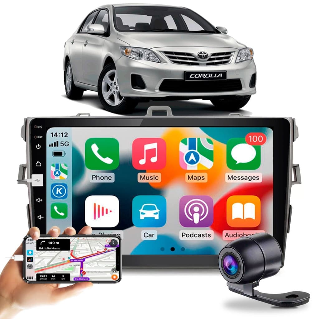 Kit Central Multimidia Mp5 9" Espelha Carplay Android Auto Toyota Corolla 2008 A 2014