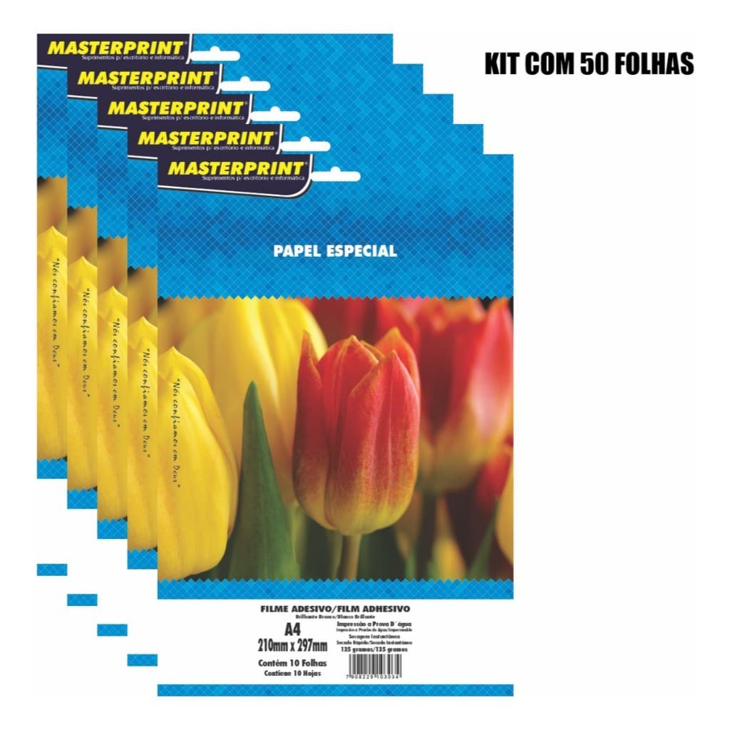 Kit 50 Folhas de Papel Filme Vinil Plástico Adesivo Branco Brilho A4 135g - 50 Folhas