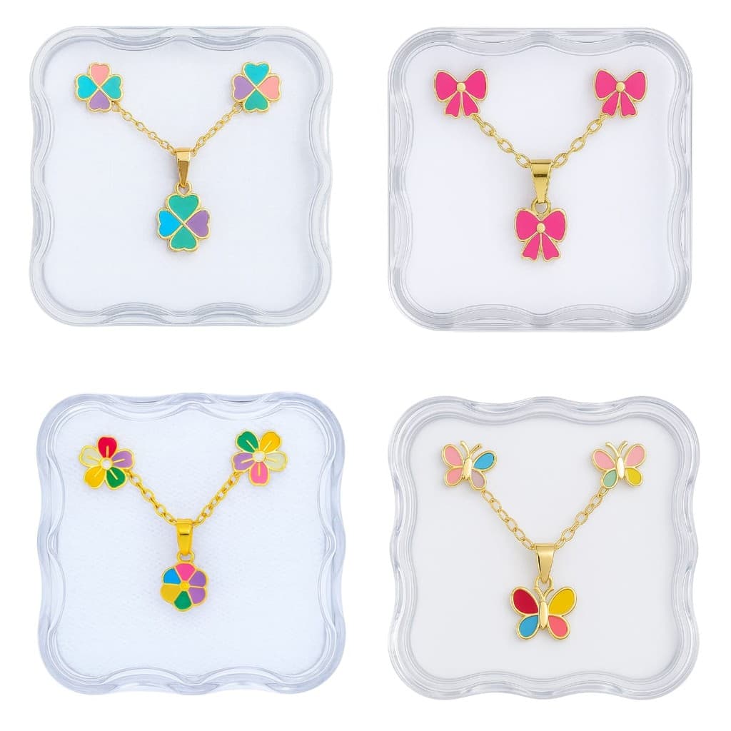4 KIT COLAR E BRINCO INFANTIL FOLHEADO A OURO+ CAIXINHAS