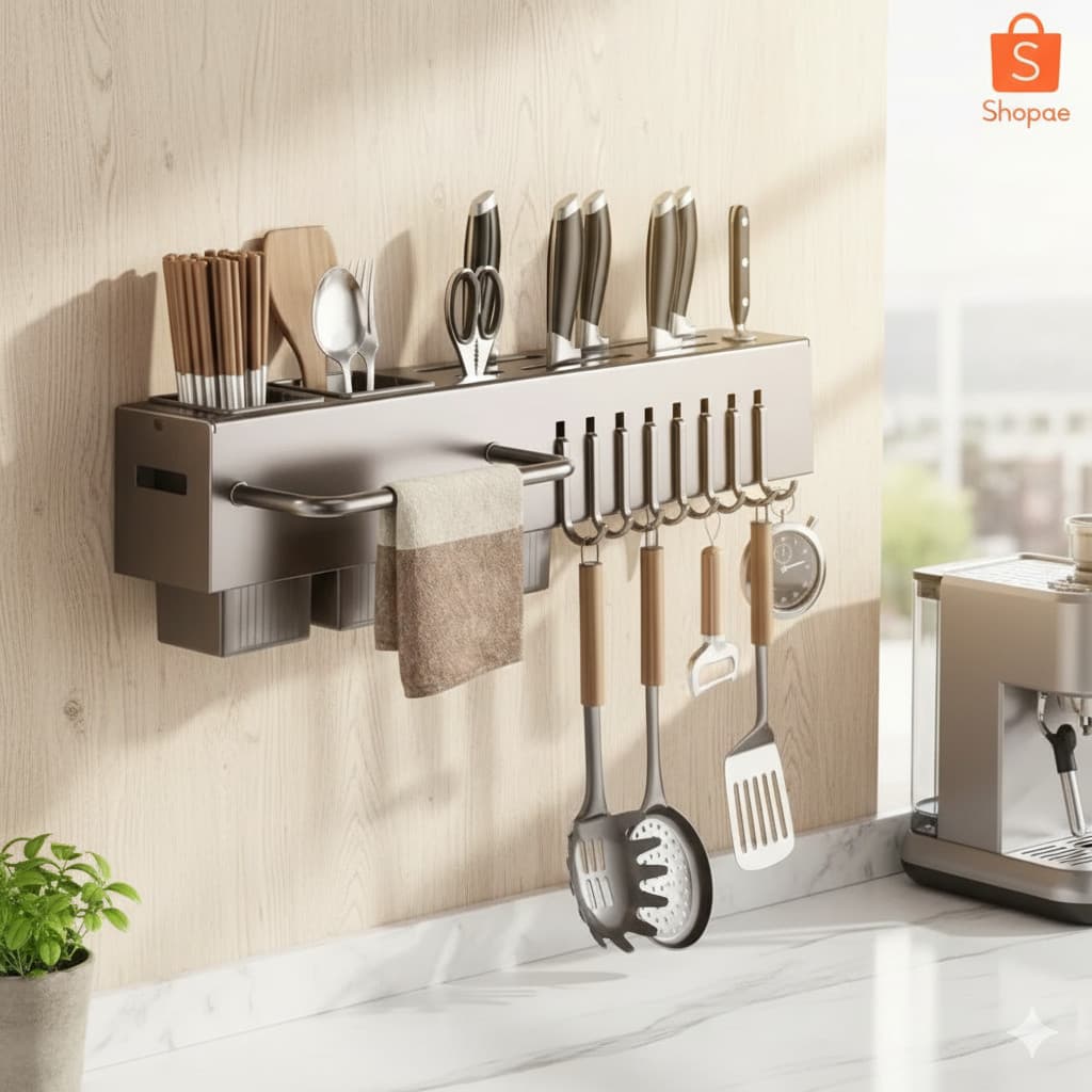Suporte Organizador Cozinha Aço Inox 10 Ganchos Utensílios Talheres Cozinha Organizada Parede Cinza