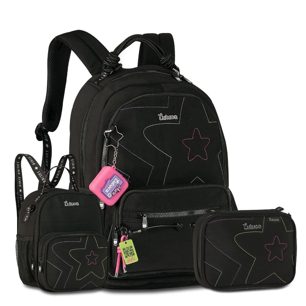 Mochila Luluca Com Lancheira Mutifuncional e Estojo Kit Escolar