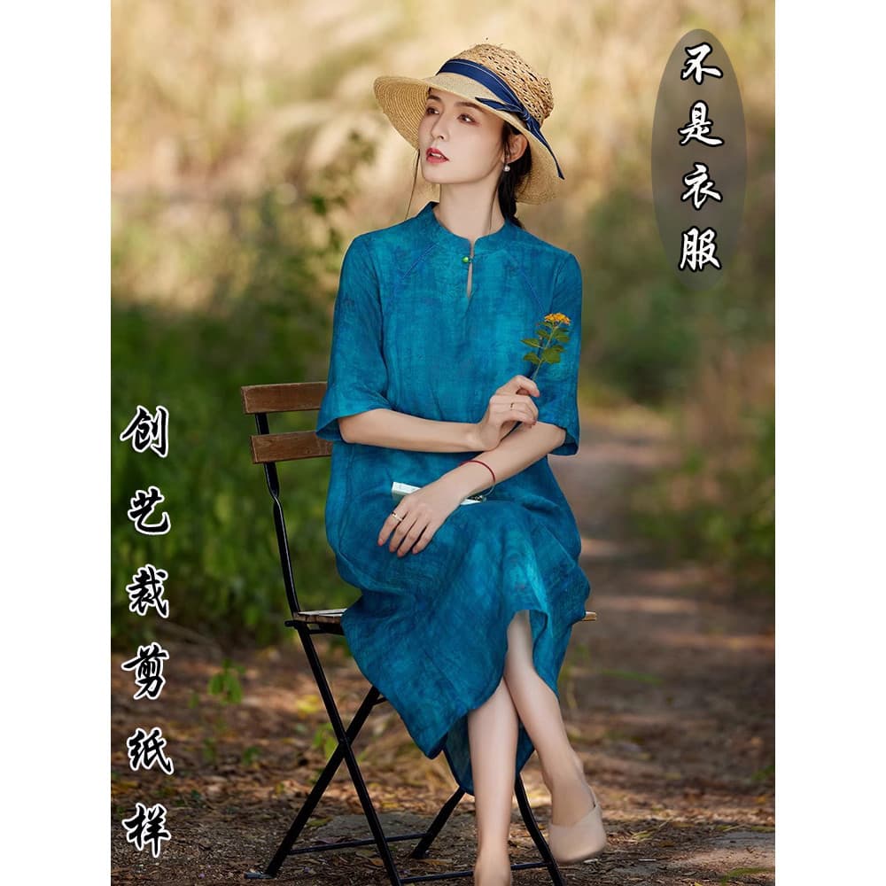 Padrão de alfaiate F26 gola gota de água Ramie melhorado Cheongsam novo vestido chinês vestido de chá feminino verão pad