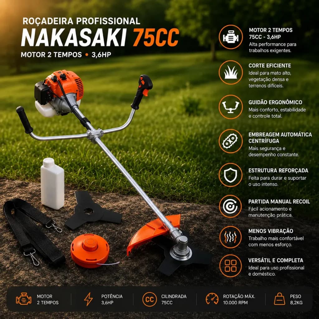 Roçadeira Aparador Grama Cortador a Gasolina Nakasaki 75cc 3.5hp 6 em 1 Profissional + Disco Facão + Disco 80 Dentes