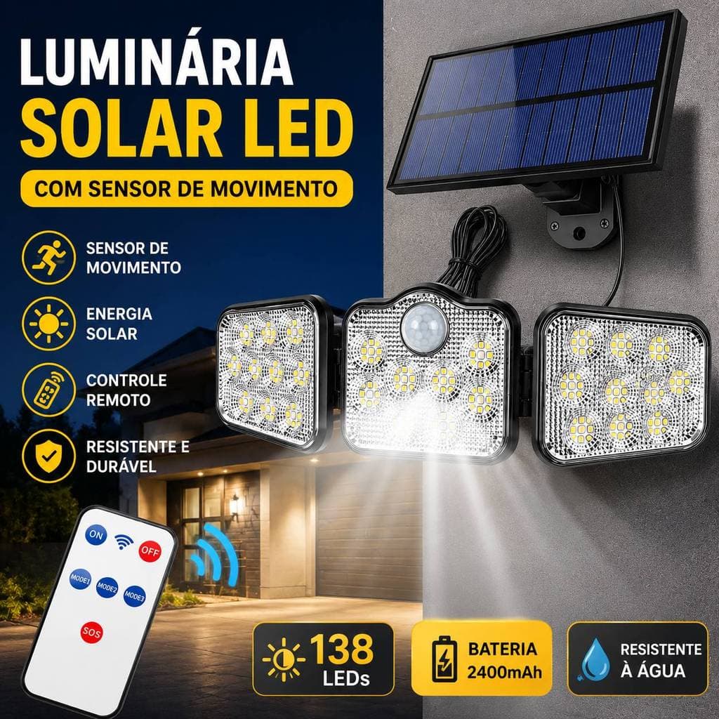 Luminária Solar LED com Sensor de Movimento Controle Remoto Painel Solar Externo para Jardim Garagem Quintal