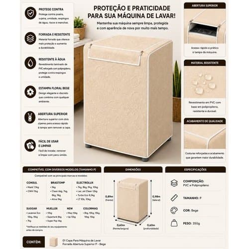 Capa Proteção Maquina De Lavadora Roupa Com Zíper Abertura Superior Bege Protege poeira sujeira