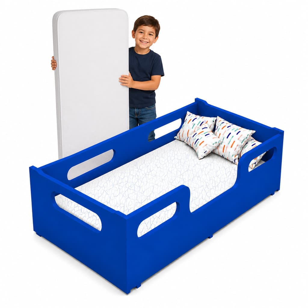 Cama Montessoriana Encanto Infantil Azul Com Colchão Confortável Incluso Para Menino