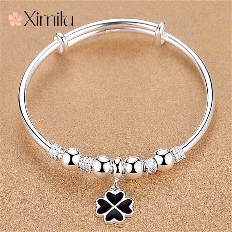 ♥Novo produto preto trevo de quatro folhas pulseira de prata feminino simples pequeno fresco All-Match pulseira deslizan