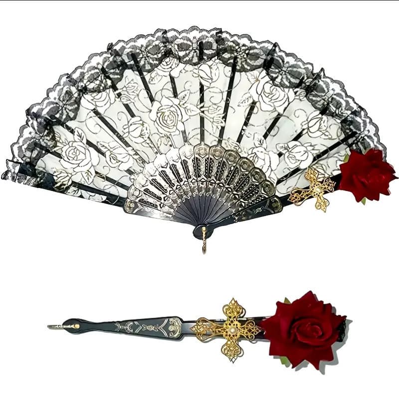 Leque de Renda Vintage Gótico Vitoriano Lolita para Mulheres, Leques de Bambu em Preto, Branco, Rosa e Vermelho, Acessór
