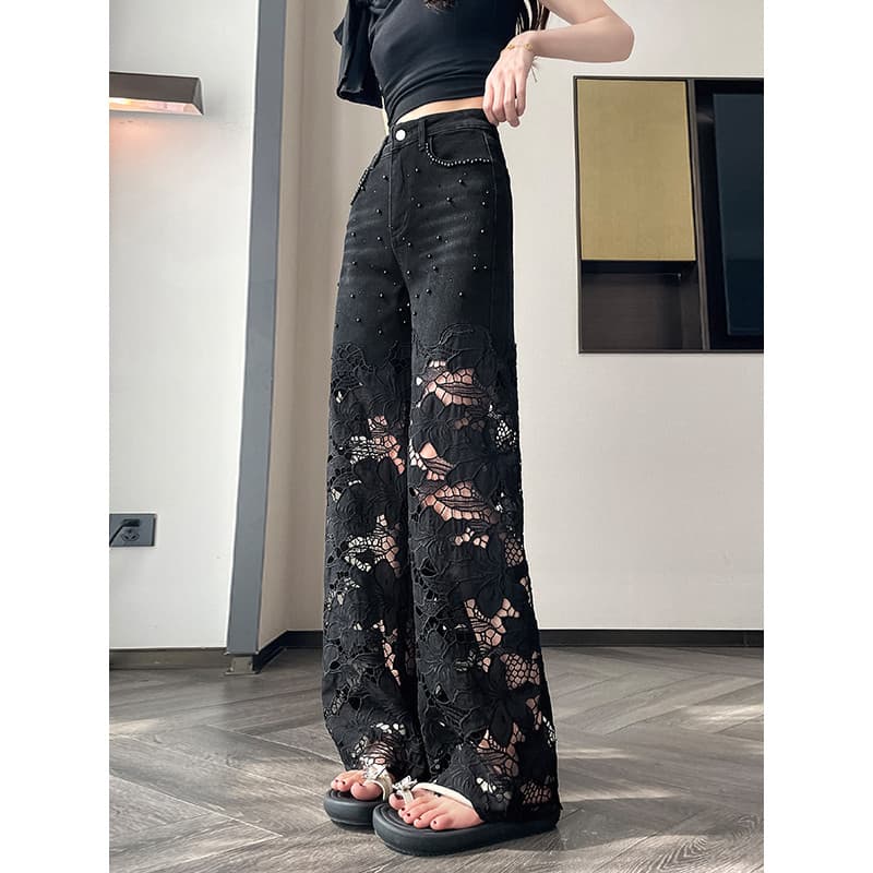 Renda preta oco frisado Jeans retos feminino pequeno tornozelo comprimento verão fino estreito mais magro olhar calças d