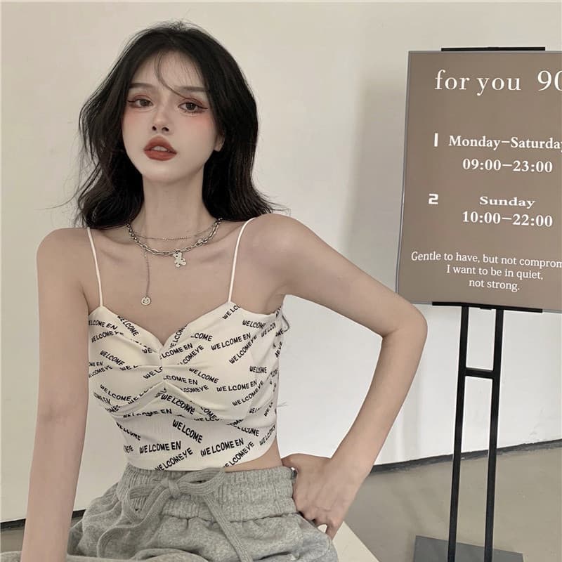 Com almofada no peito francês quente menina branco impresso camisola feminina lindo sutiã traseiro um tubo curto topo ve