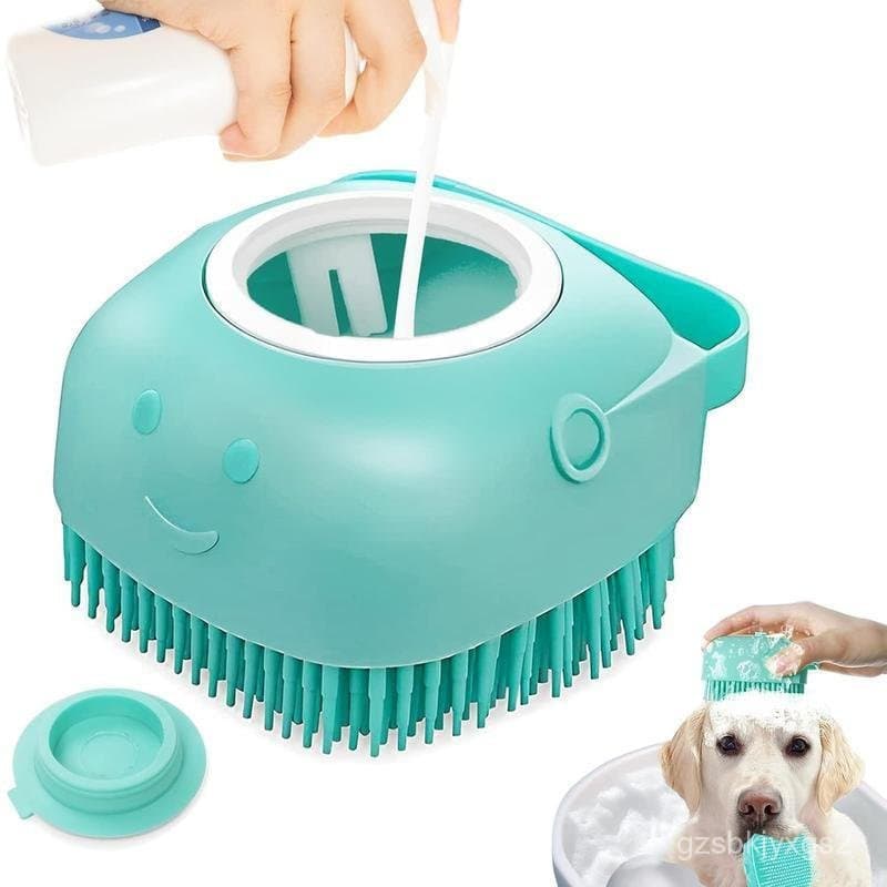 Pet Bathing Brush, Dog Grooming Massage Shampoo Bathing Brush with Soap and Shampoo Dispenser, Soft Bristles, S