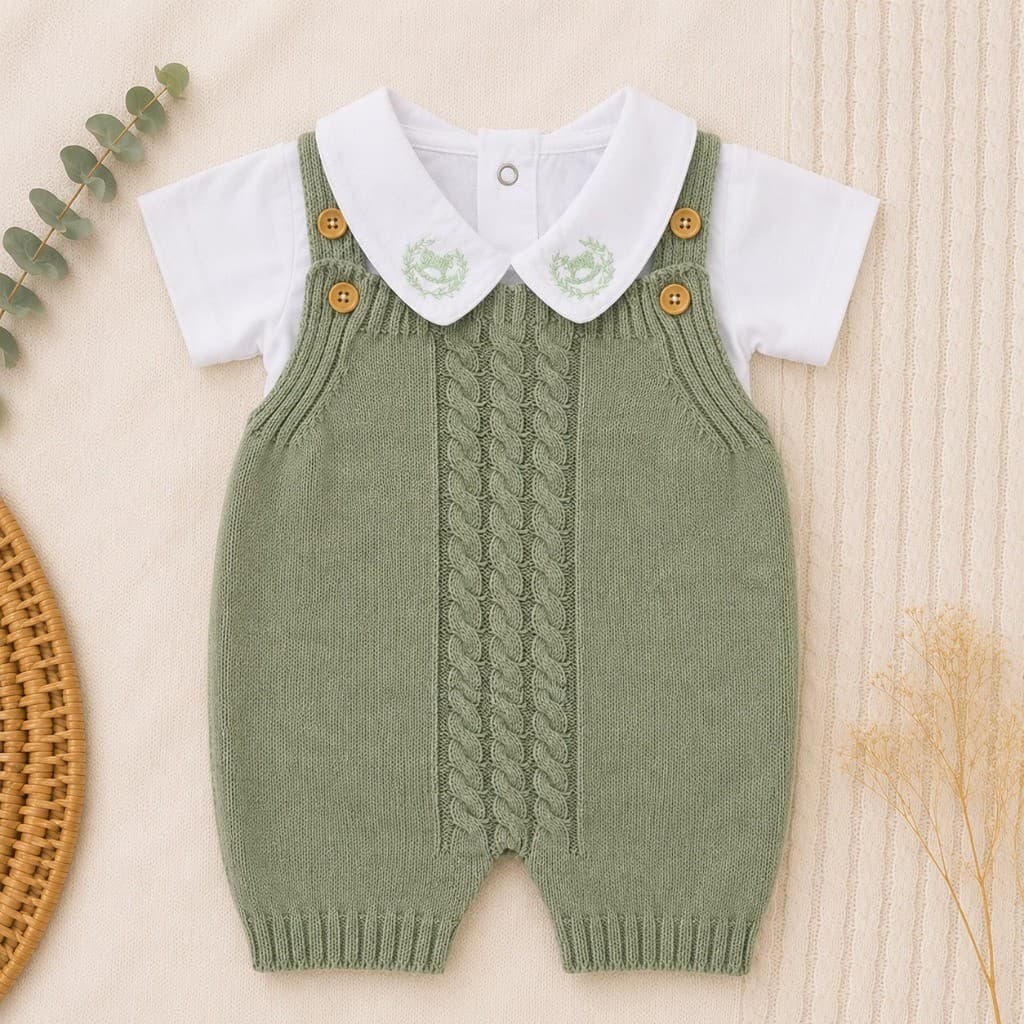 Conjunto Menino Bebê Jardineira Tricô E Body 100% Algodão