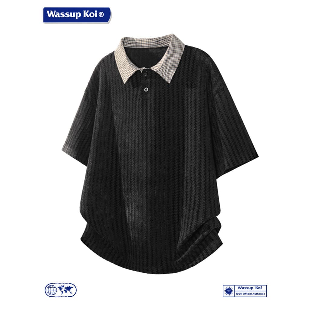 WASSUP KOI Crow's Bone Pattern Lapela Camiseta de manga curta masculina verão solta Casual verificação costura meia mang