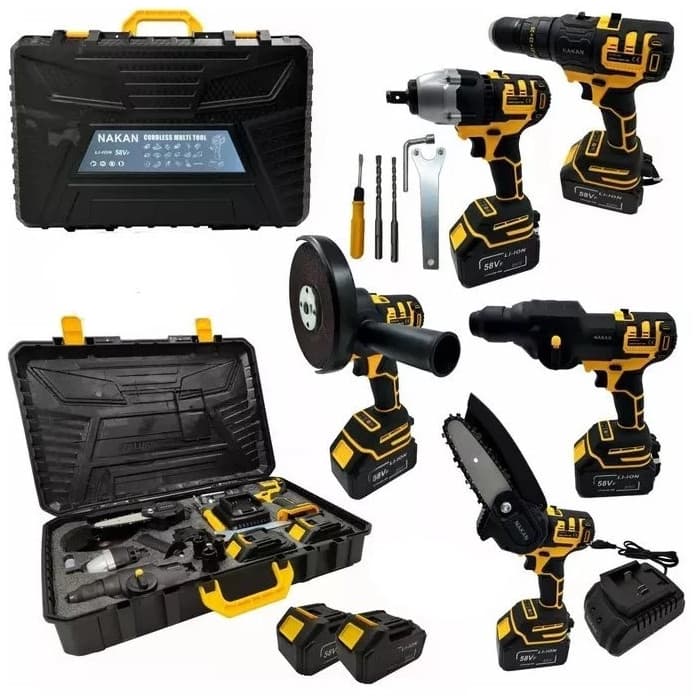 Kit 5 em 1 Furadeira Parafusadeira Motosserra Chave Impacto a Bateria 58VF Completa Com Maleta